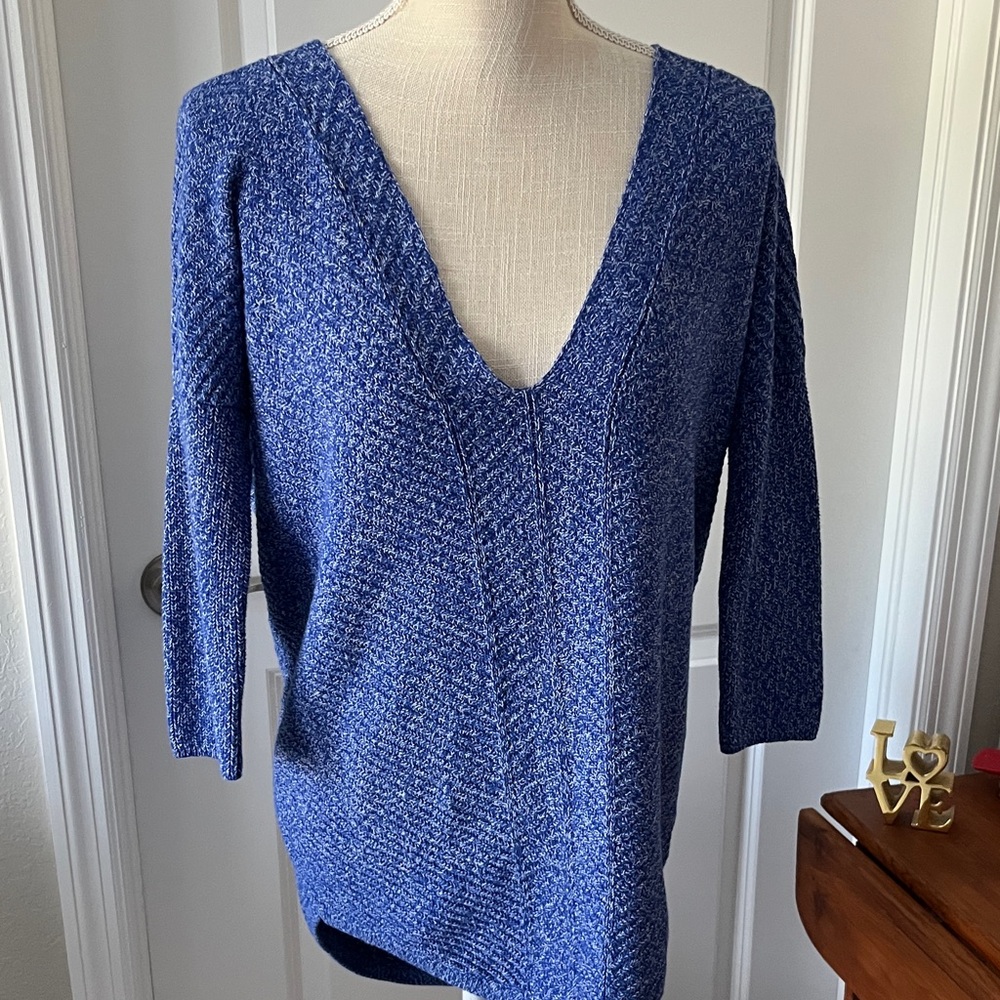 Express Heathered Blue Deep V-Neck Oversized Tunic Sweater Multi Stitch SZ M
